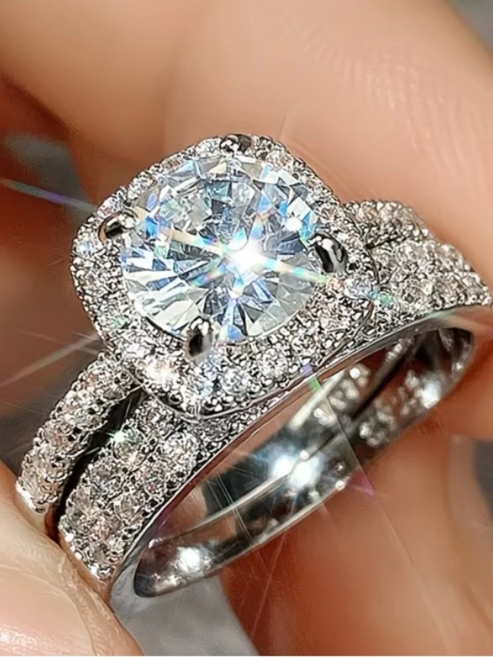 Cushion Halo Fashion Ring | Sparkly Statement Ring | White Gold Plated Alloy